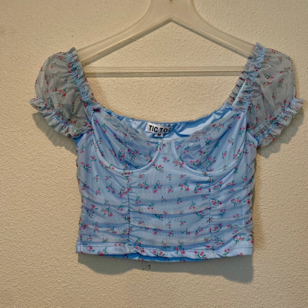 TIC TOC Blue Floral Coquette Corset Fairy Top Size Medium